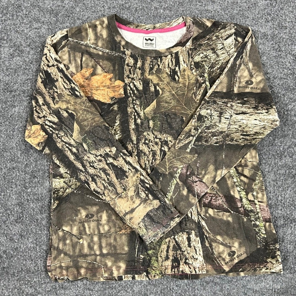 Walls Shirt Womens Size L Mossy Oak Camo Long Sleeve Crew Neck Pink Trim Outdoor